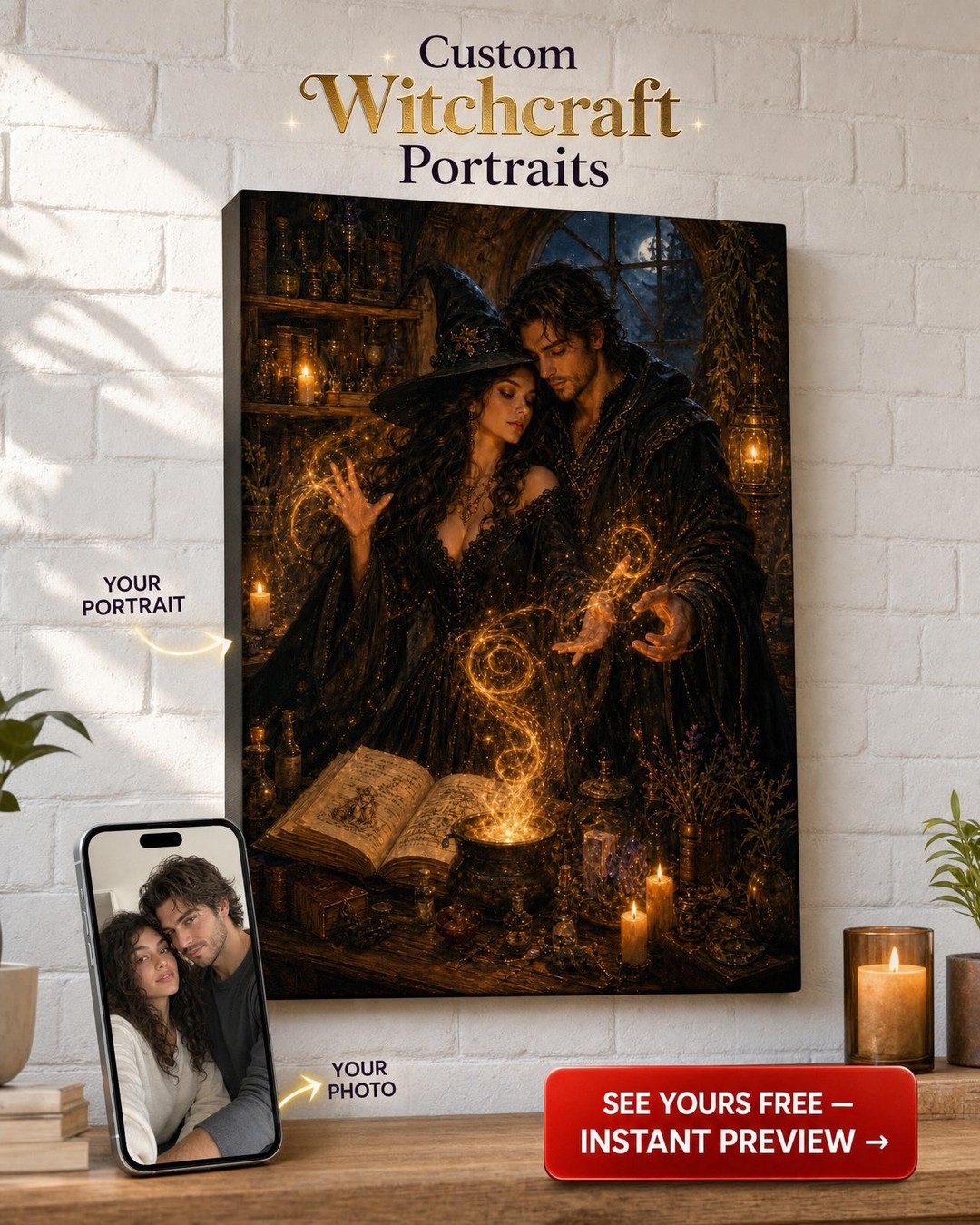 Witch Couple Custom Portrait from Photo | Personalized Canvas Gift