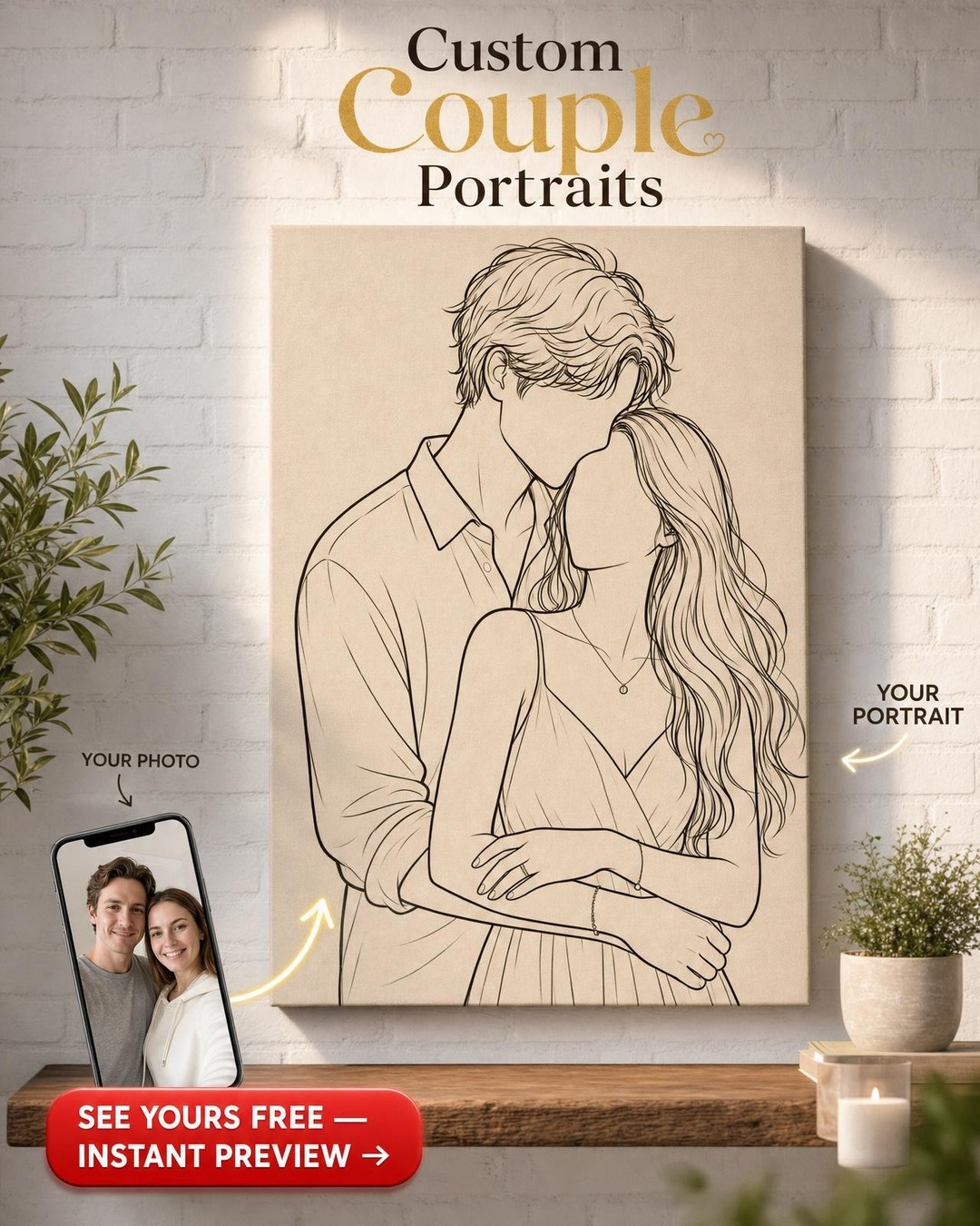 Custom Minimalist Couple Portrait — Romantic Line Art from Photo