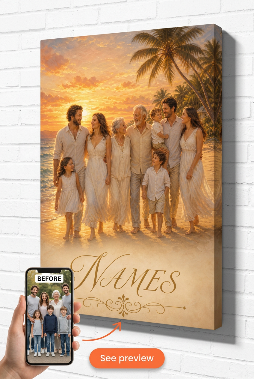 Family Portrait with Deceased Loved One — Tropical Sunset Glow Canvas