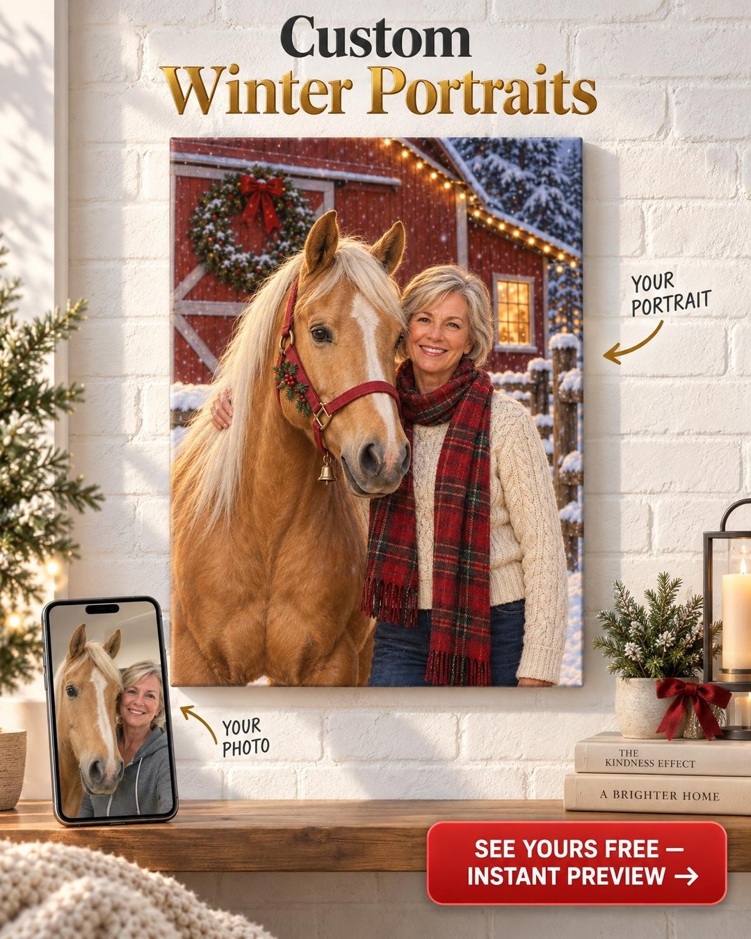 Christmas at the Barn Horse Custom Portrait from Photo | Personalized Horse and Rider Gift