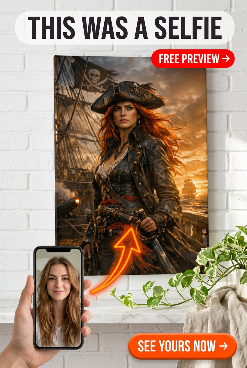 Custom Pirate Woman Portrait — Heroic Ocean Canvas from Photo