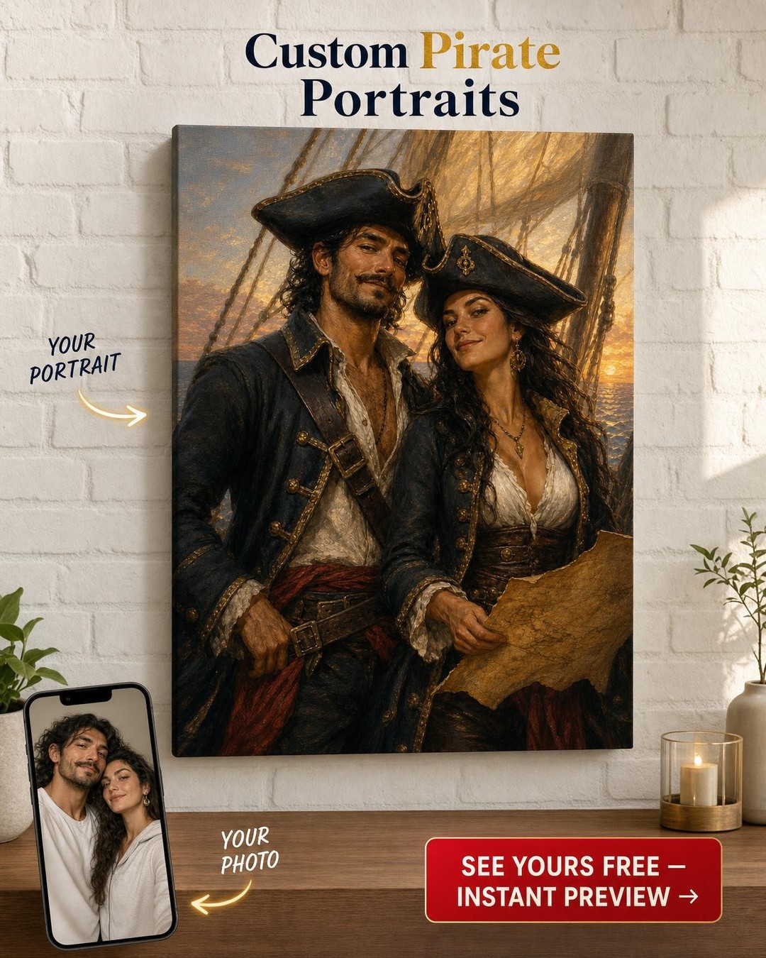 Pirates of the Sunset Sea Custom Portrait from Photo | Personalized Canvas Gift