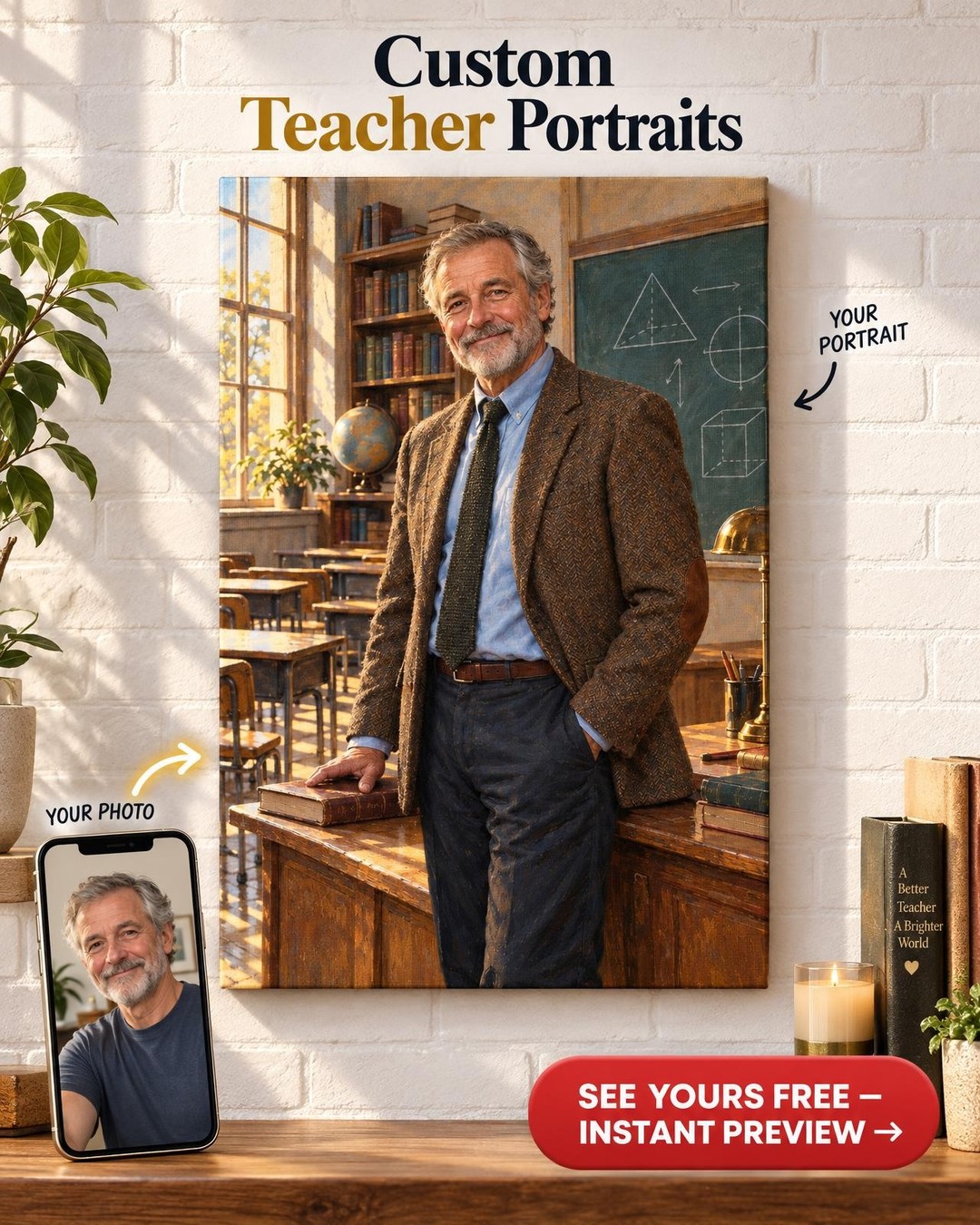 Retired Teacher for Him Custom Portrait from Photo