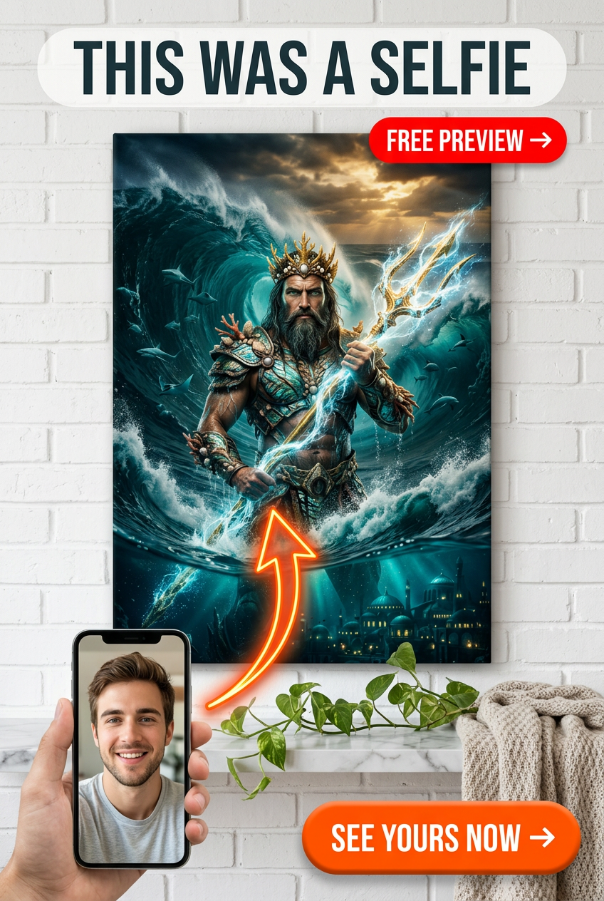 Custom Greek God Man Portrait — Heroic Poseidon Canvas from Photo