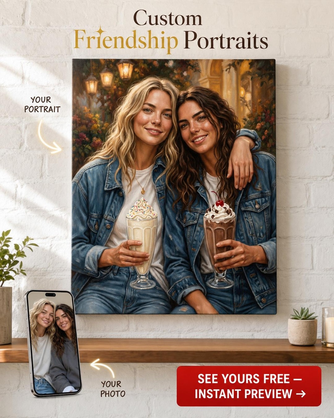 Custom Impressionist Couple Portrait — Whimsical Milkshake Canvas