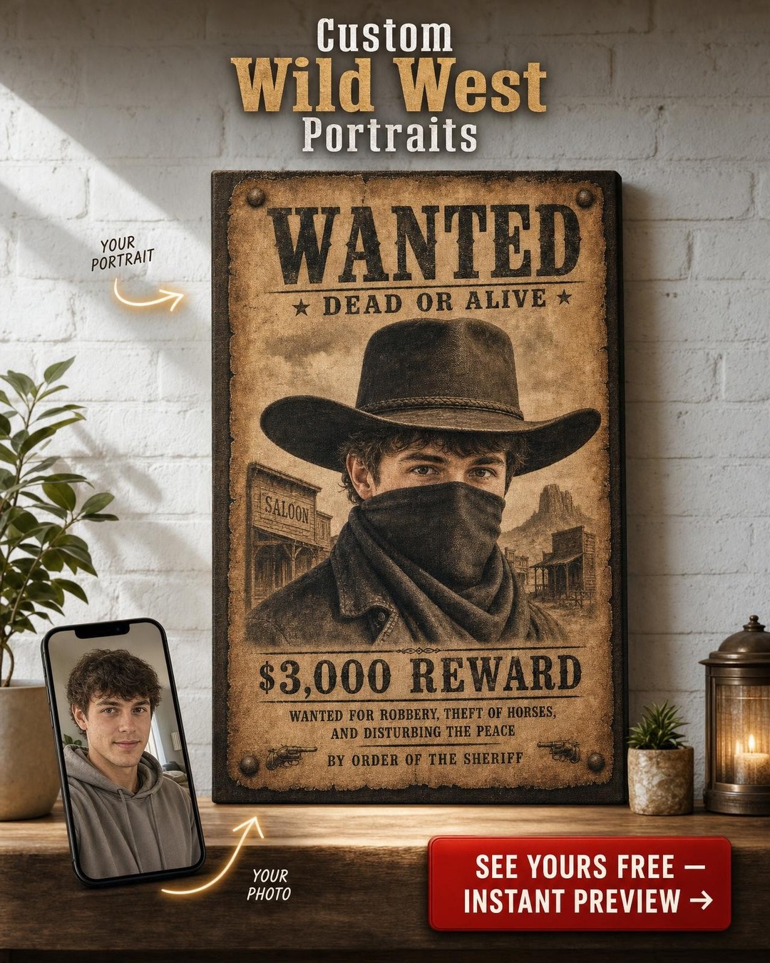 Cowboy Bandit Wanted Poster Custom Portrait from Photo | Personalized Canvas Gift