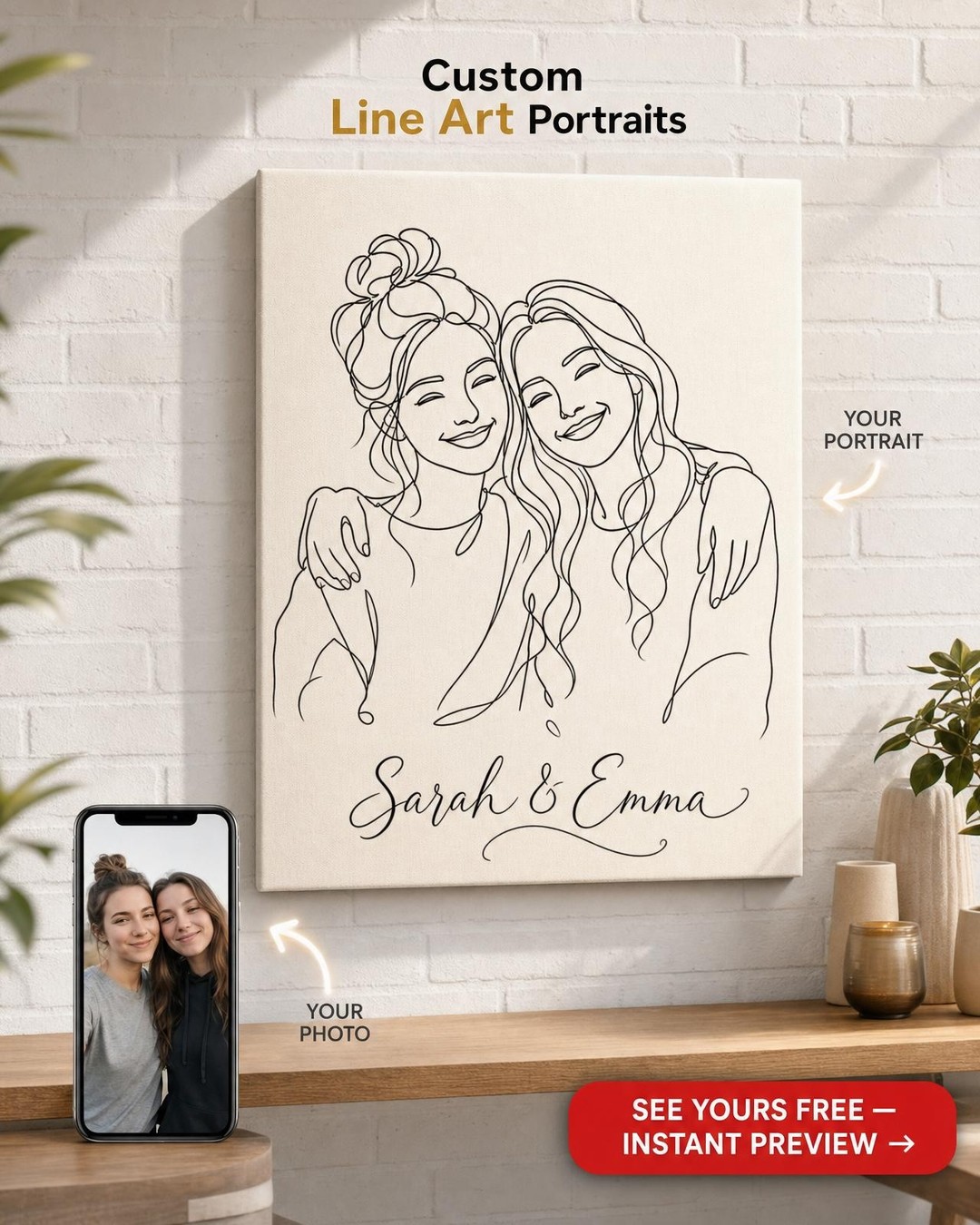 Custom Line Drawing Couple Portrait — Whimsical Personalized Canvas