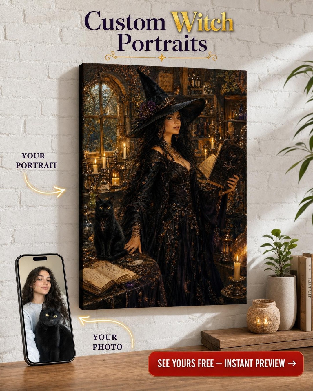 Witch & Familiar Custom Portrait from Photo | Personalized Canvas Gift