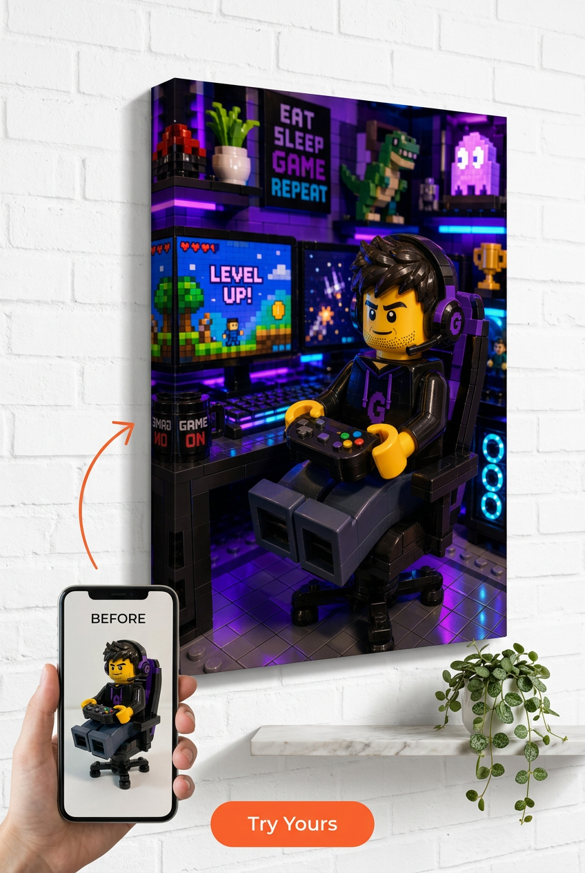 Custom Brick Minifigure Gamer Portrait from Photo | Personalized Canvas Gift