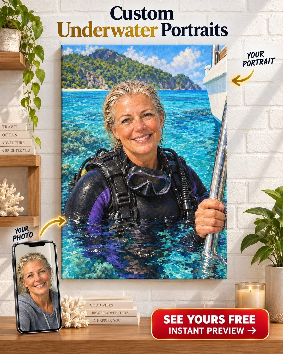 Scuba Diver for Her Custom Portrait from Photo | Personalized Diving Gift