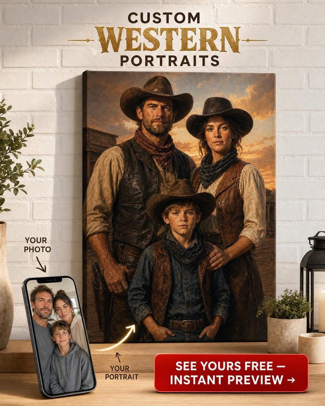 Custom Cowboy Family Portrait — Heroic Western Canvas from Photo