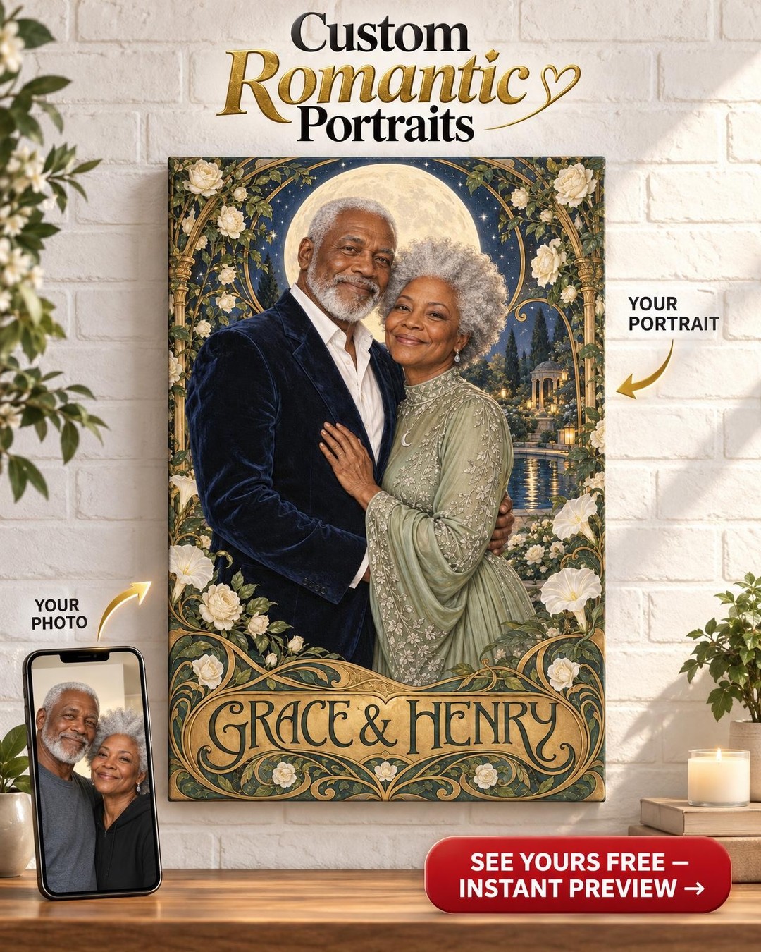 Silver Together Couple Custom Portrait from Photo | Personalized Silver Glamour Gift