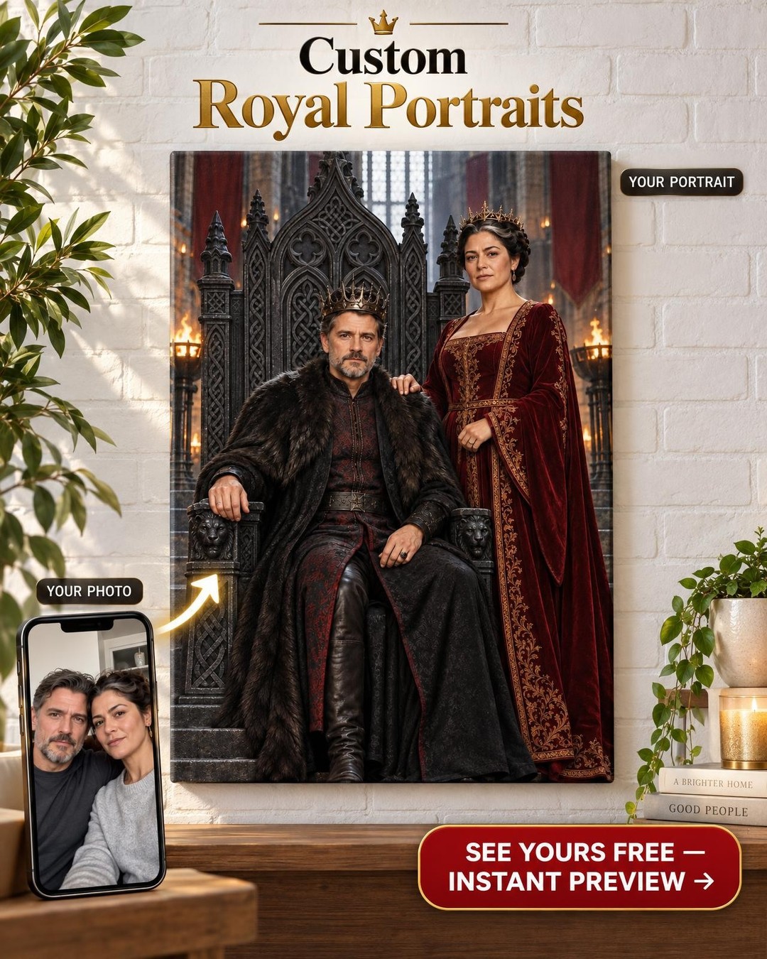 Great Throne Royal Couple Custom Portrait from Photo | Personalized Canvas Gift