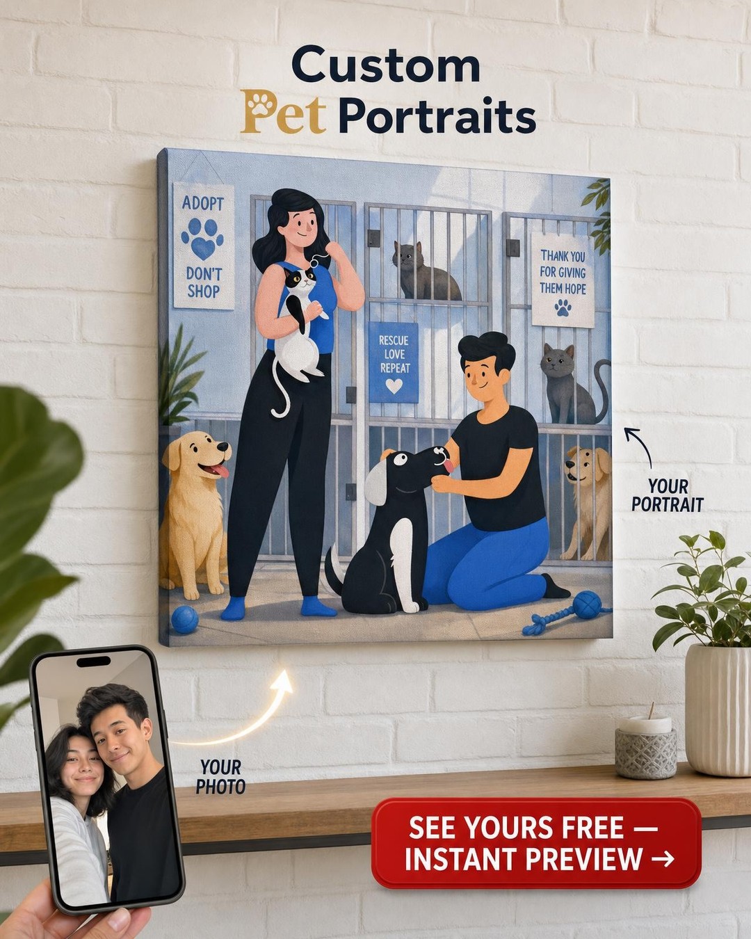 Gotcha Day Pet Adoption Custom Portrait from Photo | Personalized Canvas Gift