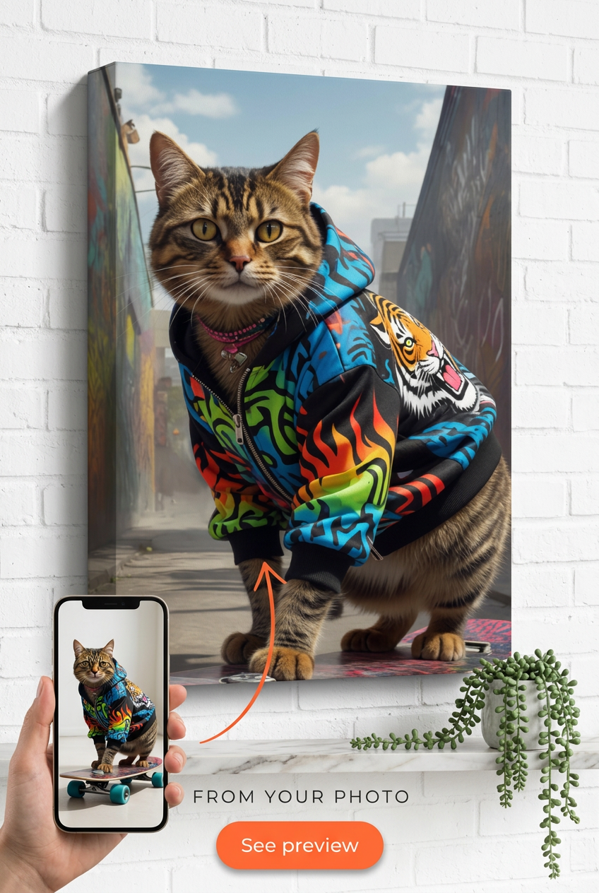 Custom Pop Art Cat Portrait — Whimsical Skateboard Canvas from Photo