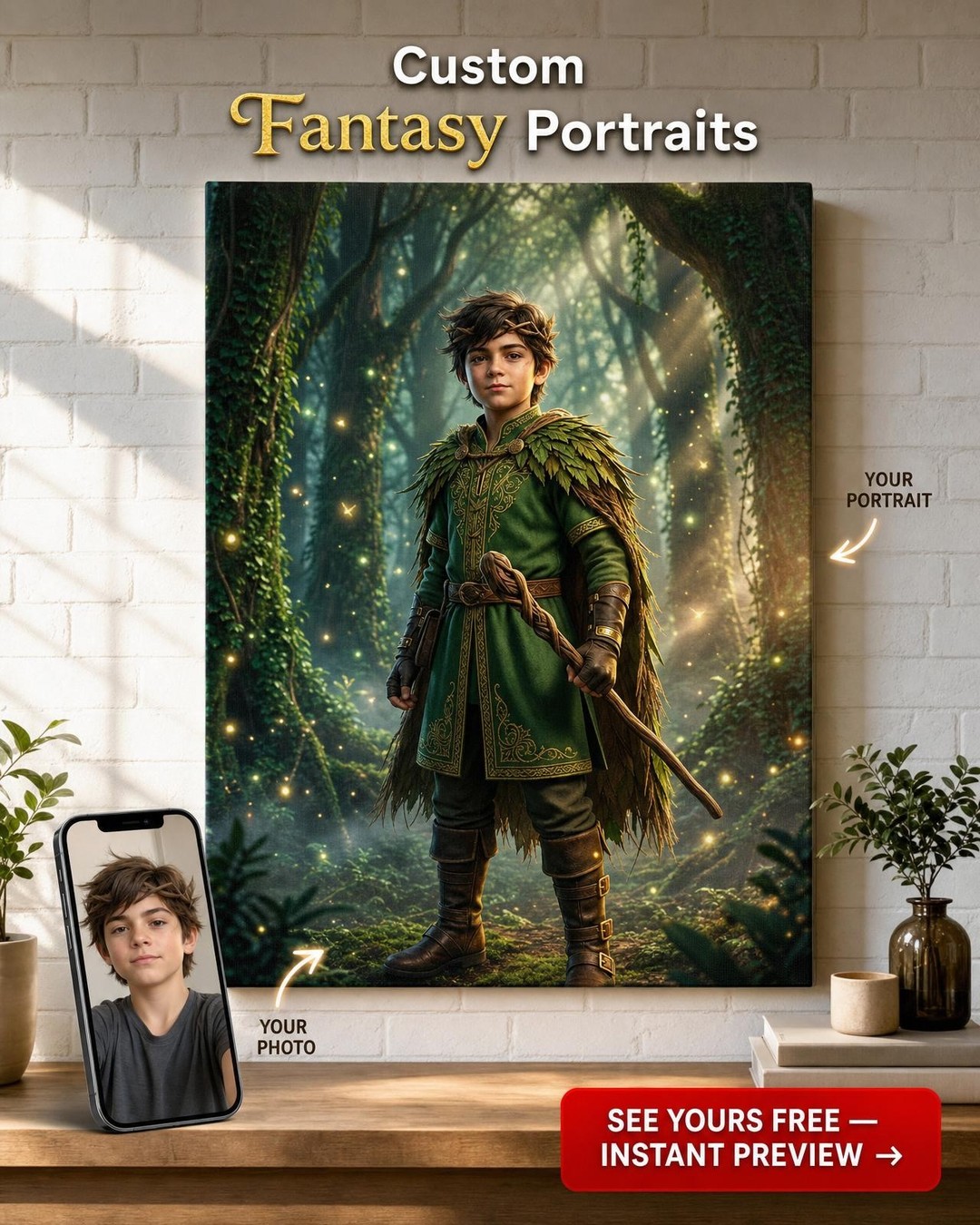 Custom Fantasy Boy Portrait — Heroic Green Cloak Canvas