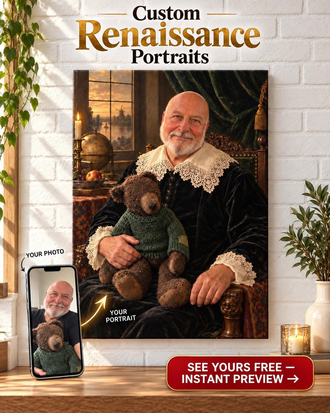 Old-Master Portrait with Teddy Bear Custom Portrait from Photo | Personalized Childhood Keepsake Gift
