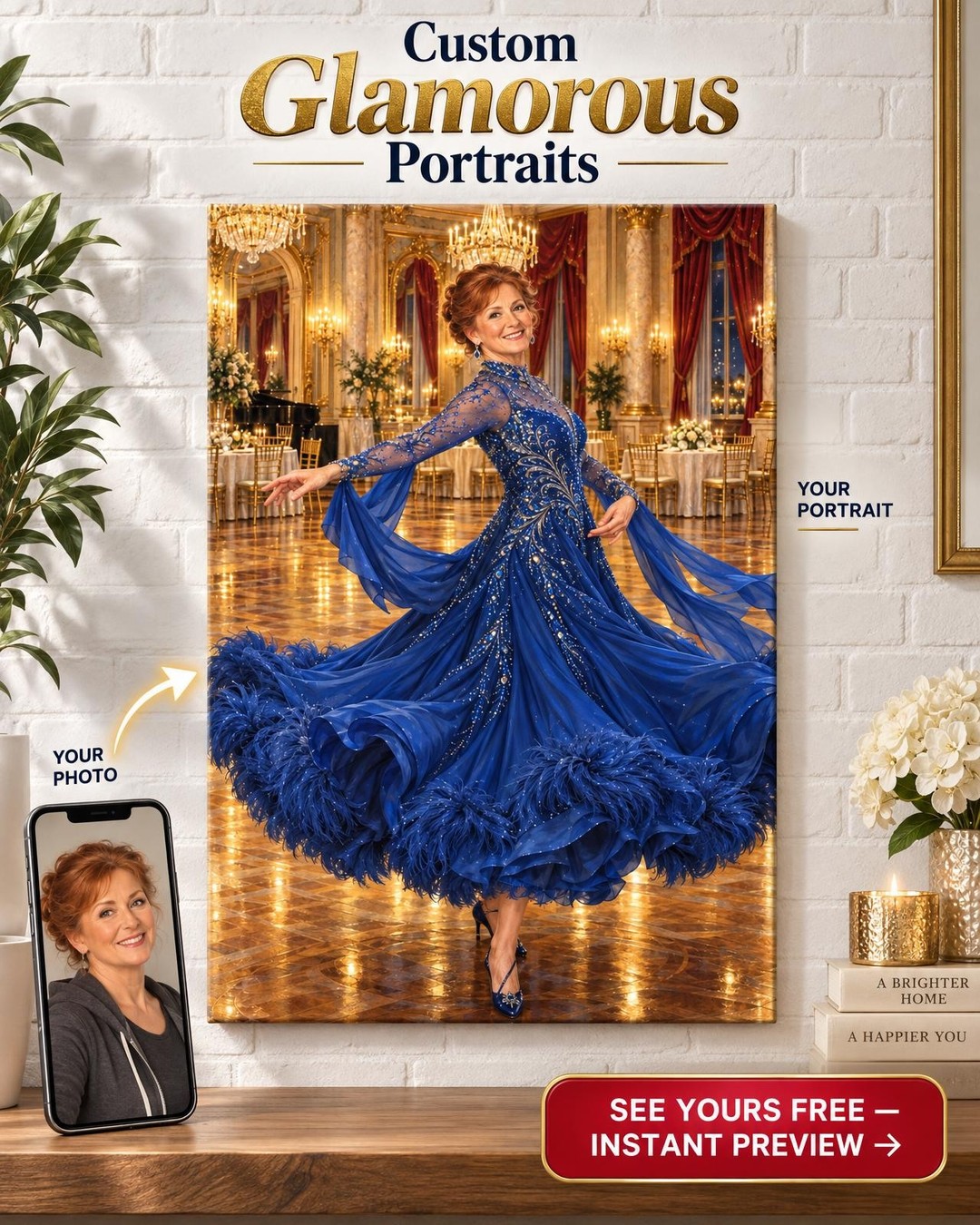 Her Ball Gown Spin Custom Portrait from Photo | Personalized Ballroom Dance Gift