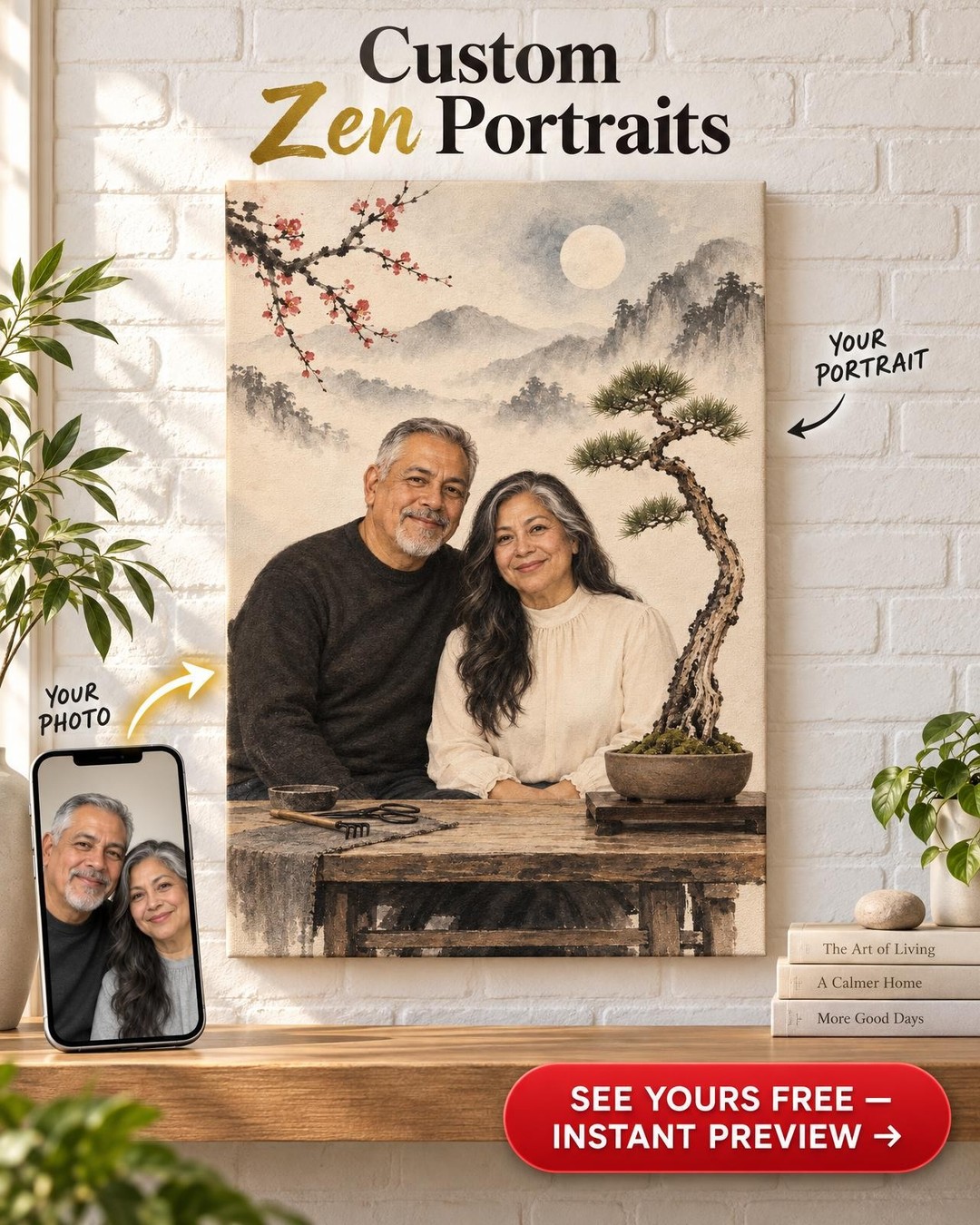 Sumi-e Ink Bonsai Couple Custom Portrait from Photo | Personalized Bonsai Portrait Gift