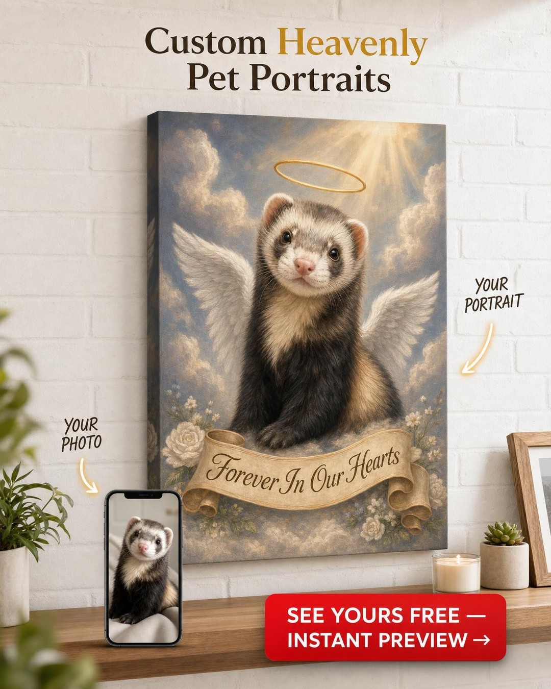 Custom Memorial Cat Portrait — Angel Wings Canvas from Photo
