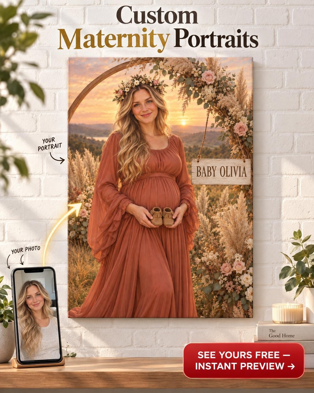 Boho Flower Crown Maternity Custom Portrait from Photo | Baby Shower Gift