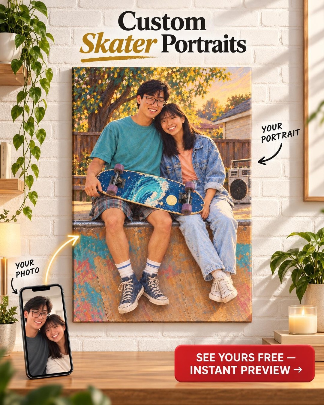 Where We Met Couple Skateboarding Custom Portrait from Photo | Personalized Skateboarding Canvas Gift