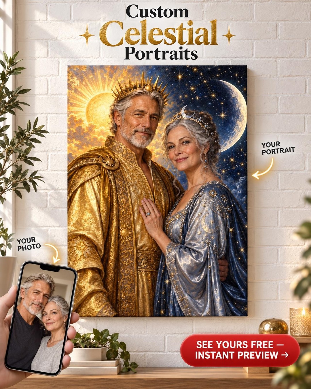 Sun and Moon Couple Custom Portrait from Photo | Personalized Zodiac Portrait Gift