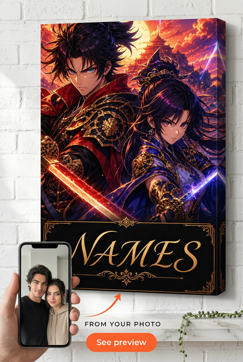 Custom Anime Warrior Couple Portrait — Epic Fantasy Artwork Canvas from Photo