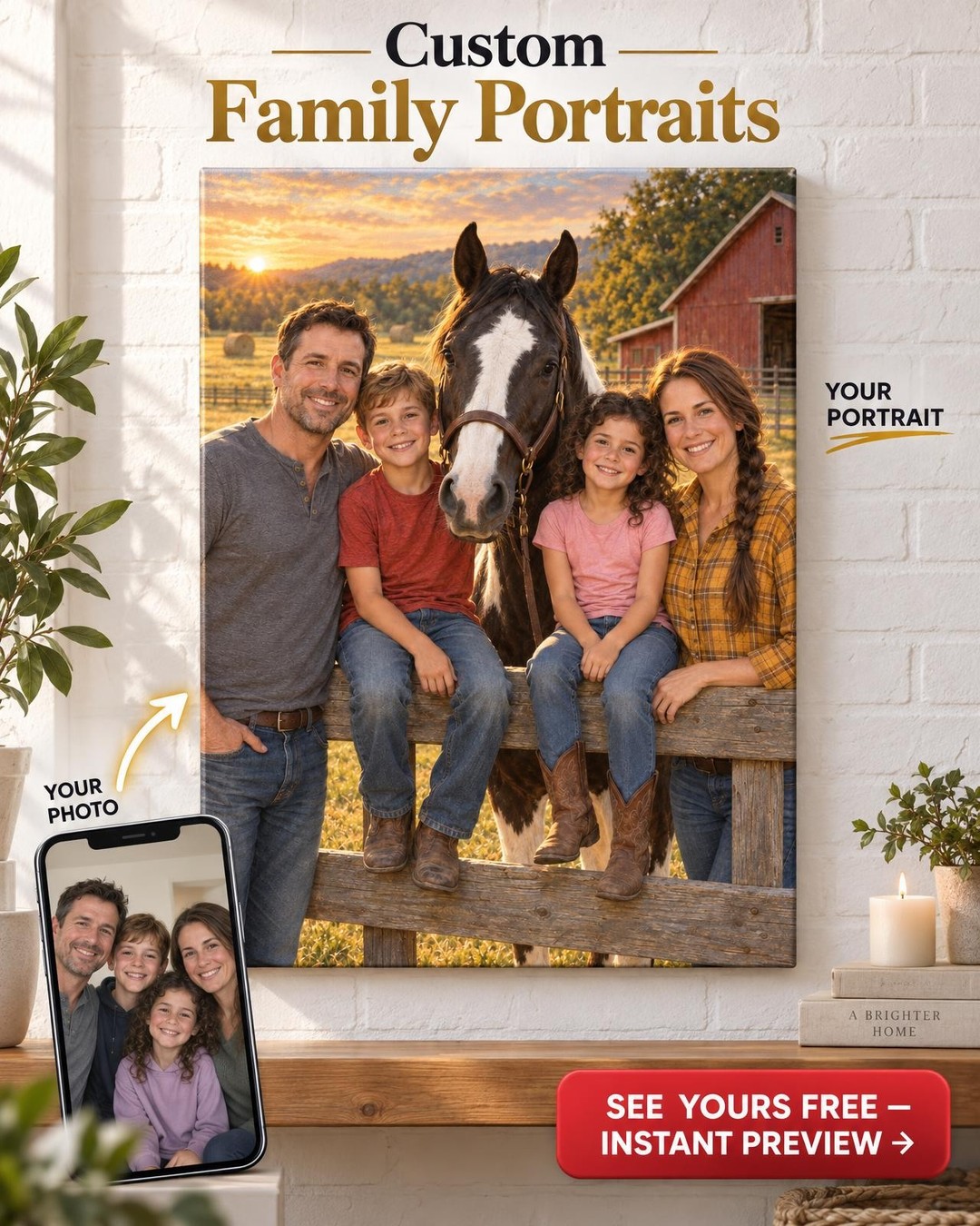 Ranch Family with Their Horse Custom Portrait from Photo | Personalized Horse and Rider Gift