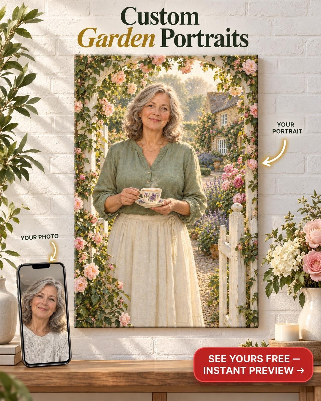Rose Arbour Custom Portrait from Photo | Personalized Tea Lover Gift