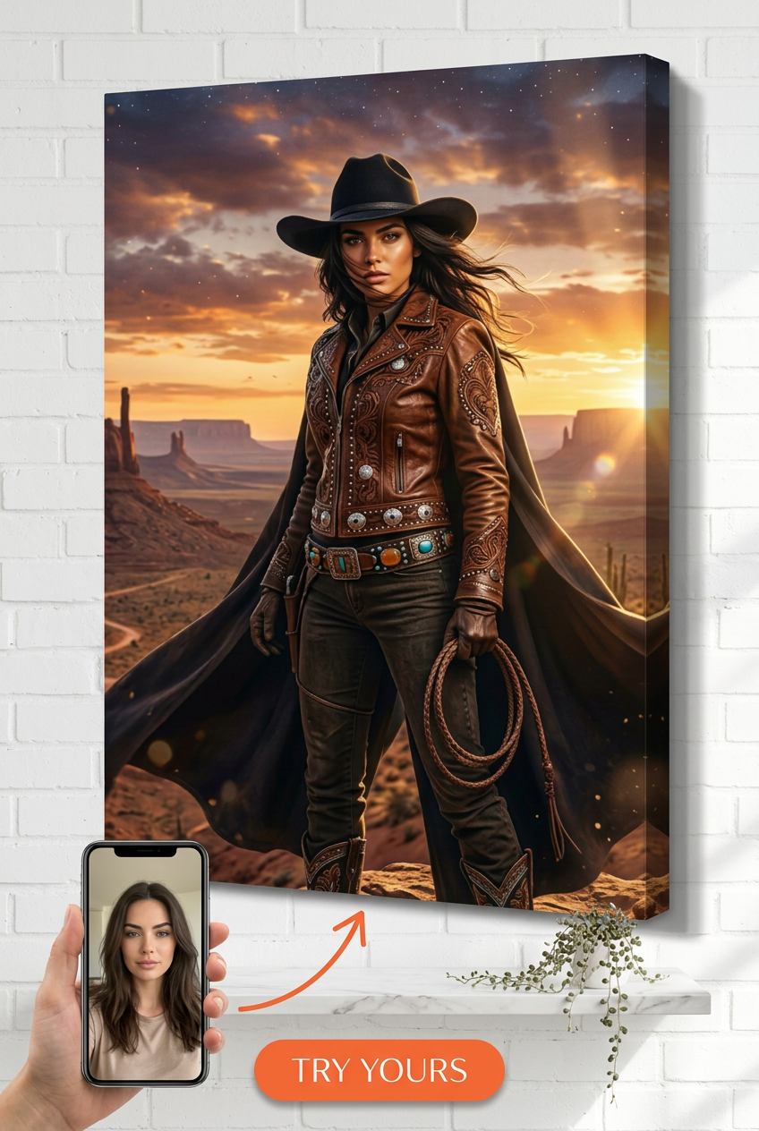 Custom Cowboy Woman Portrait — Heroic Western Canvas from Photo