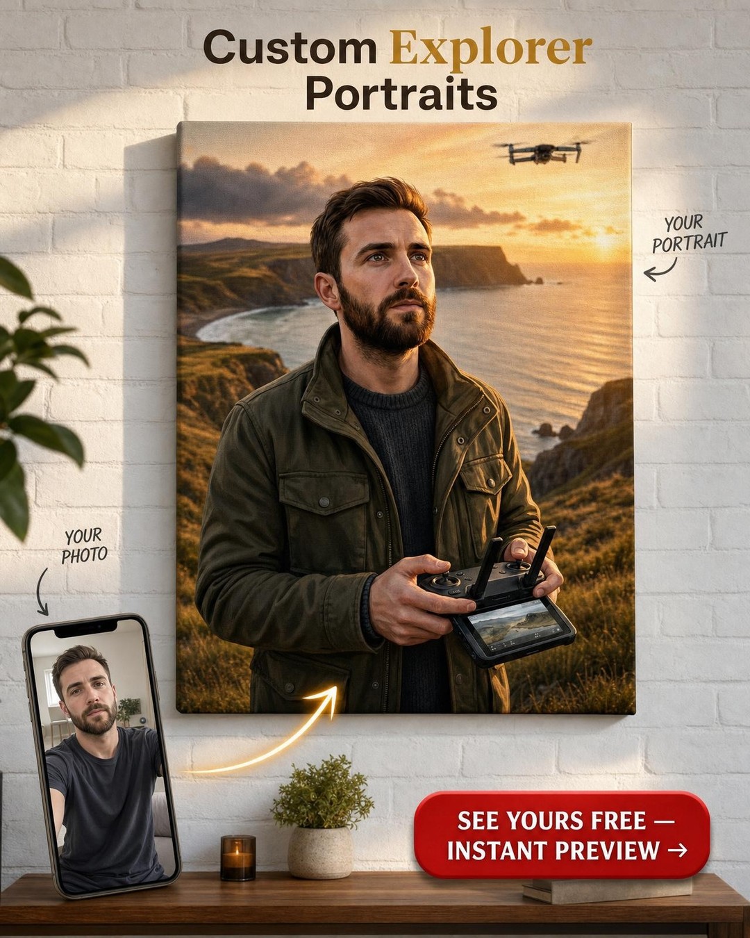 Custom Sunset Man Portrait — Golden Hour Canvas Art from Photo