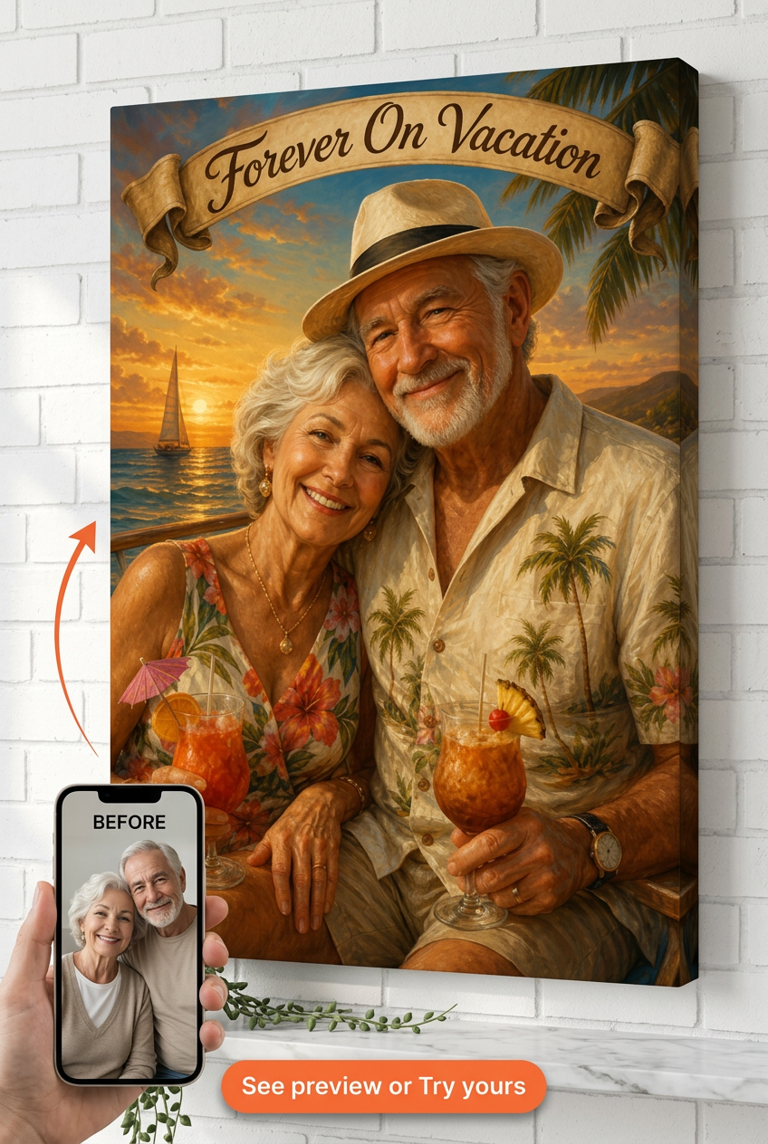 Custom Retirement Couple Portrait — Sunset Beach Romance from Photo