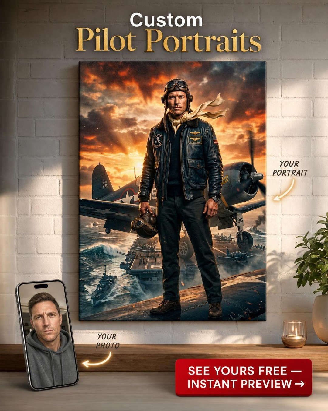 Heroic Pilot Portrait Canvas for Him
