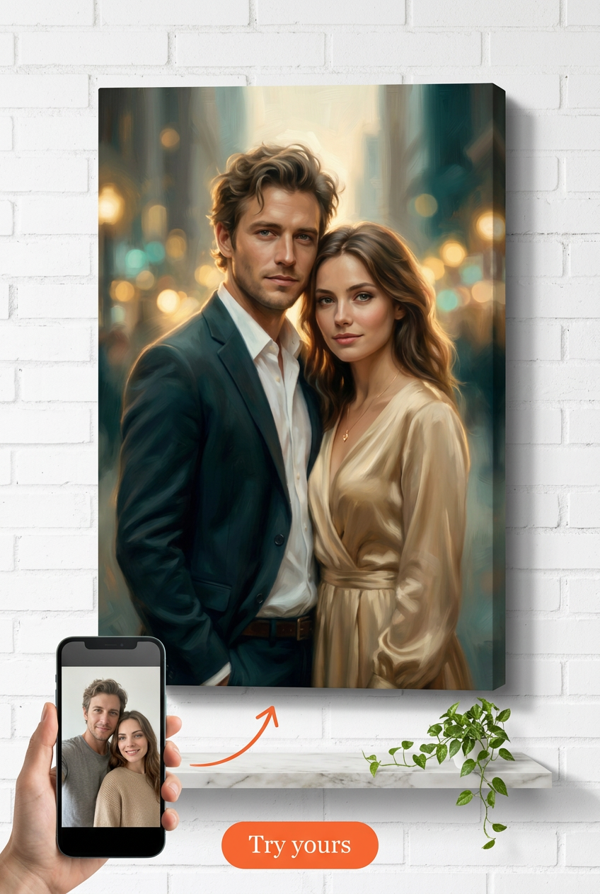 Custom Impressionist Couple Portrait — Romantic City Lights Canvas