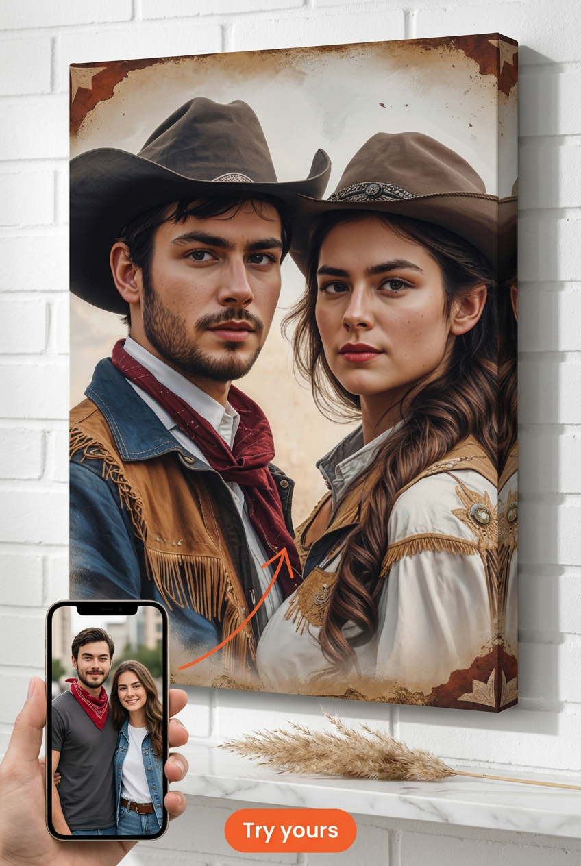 Western Cowboy Custom Portrait from Photo | Personalized Couples Gift