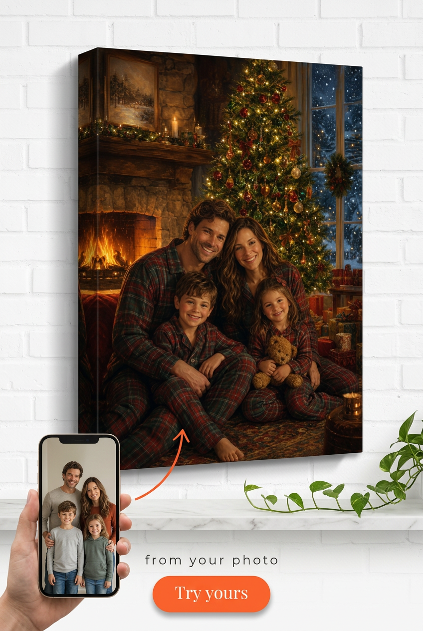 Custom Christmas Family Portrait — Festive Fireplace Canvas from Photo