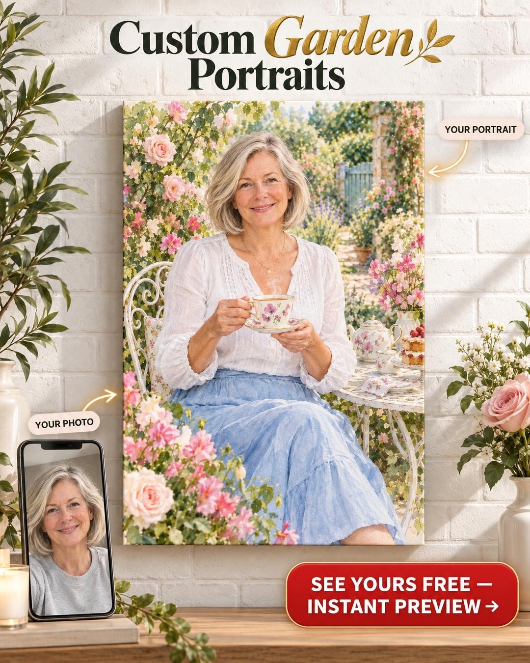 Watercolour Tea in the Garden Custom Portrait from Photo | Personalized Tea Lover Gift