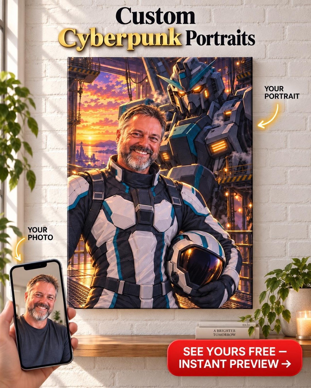 Giant Robot Pilot Custom Portrait from Photo | Personalized Anime Cosplay Gift