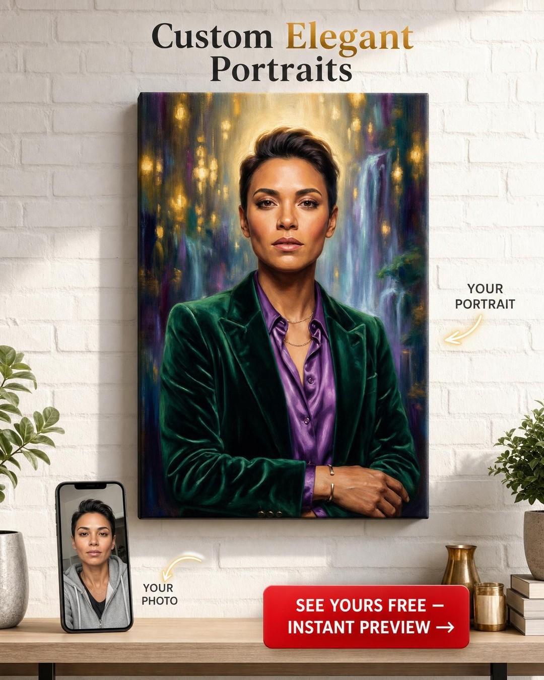 Custom Fantasy Woman Portrait — Serene Waterfall Canvas from Photo