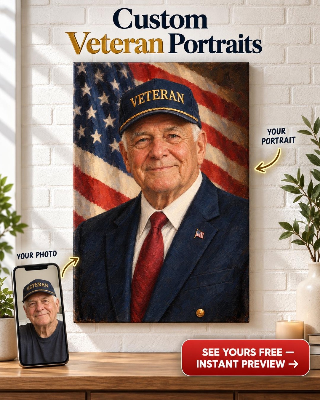 Veteran Cap and Flag Custom Portrait from Photo