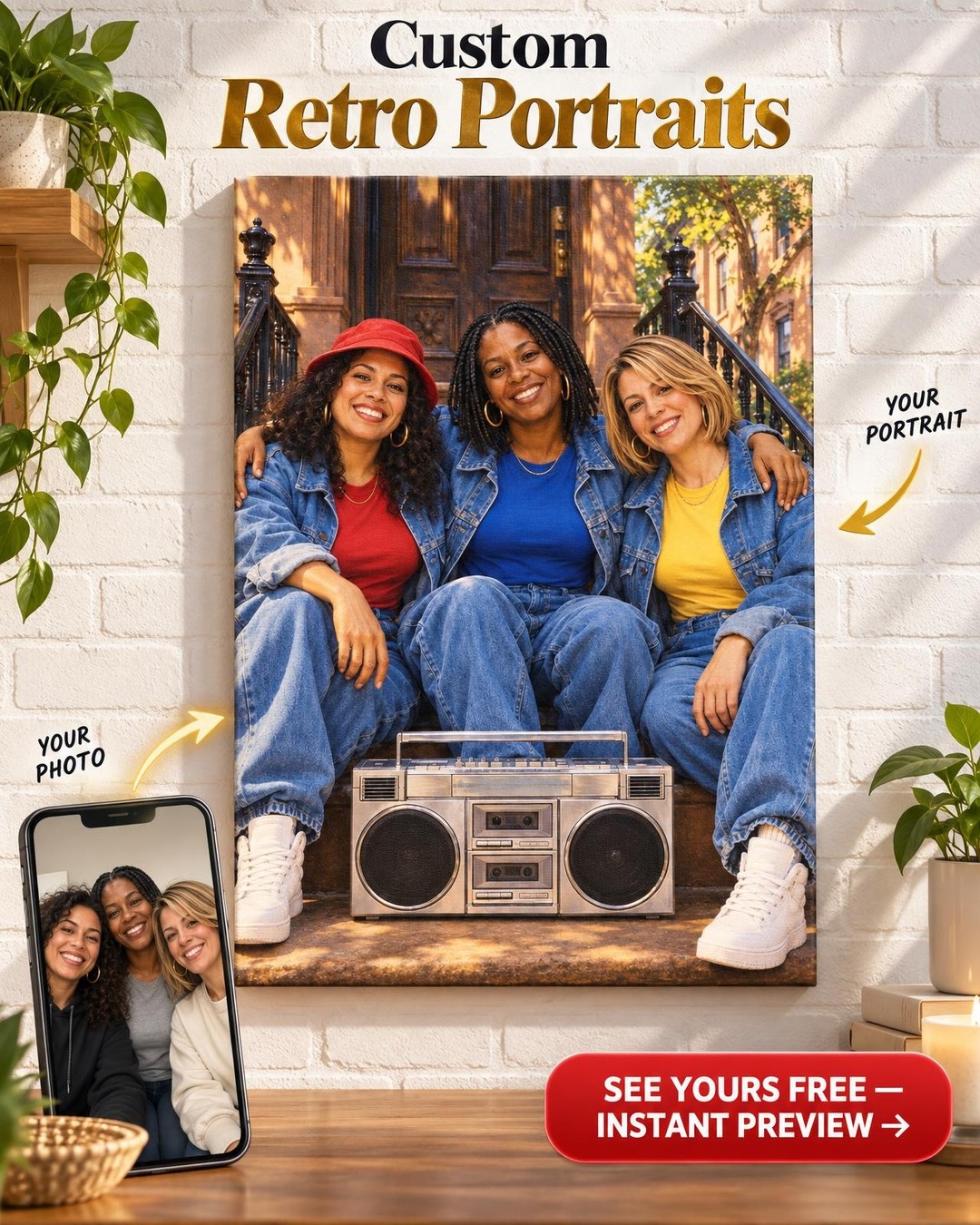 90s Girl-Group Best Friends Custom Portrait from Photo | Personalized 90s Hip Hop Canvas Gift