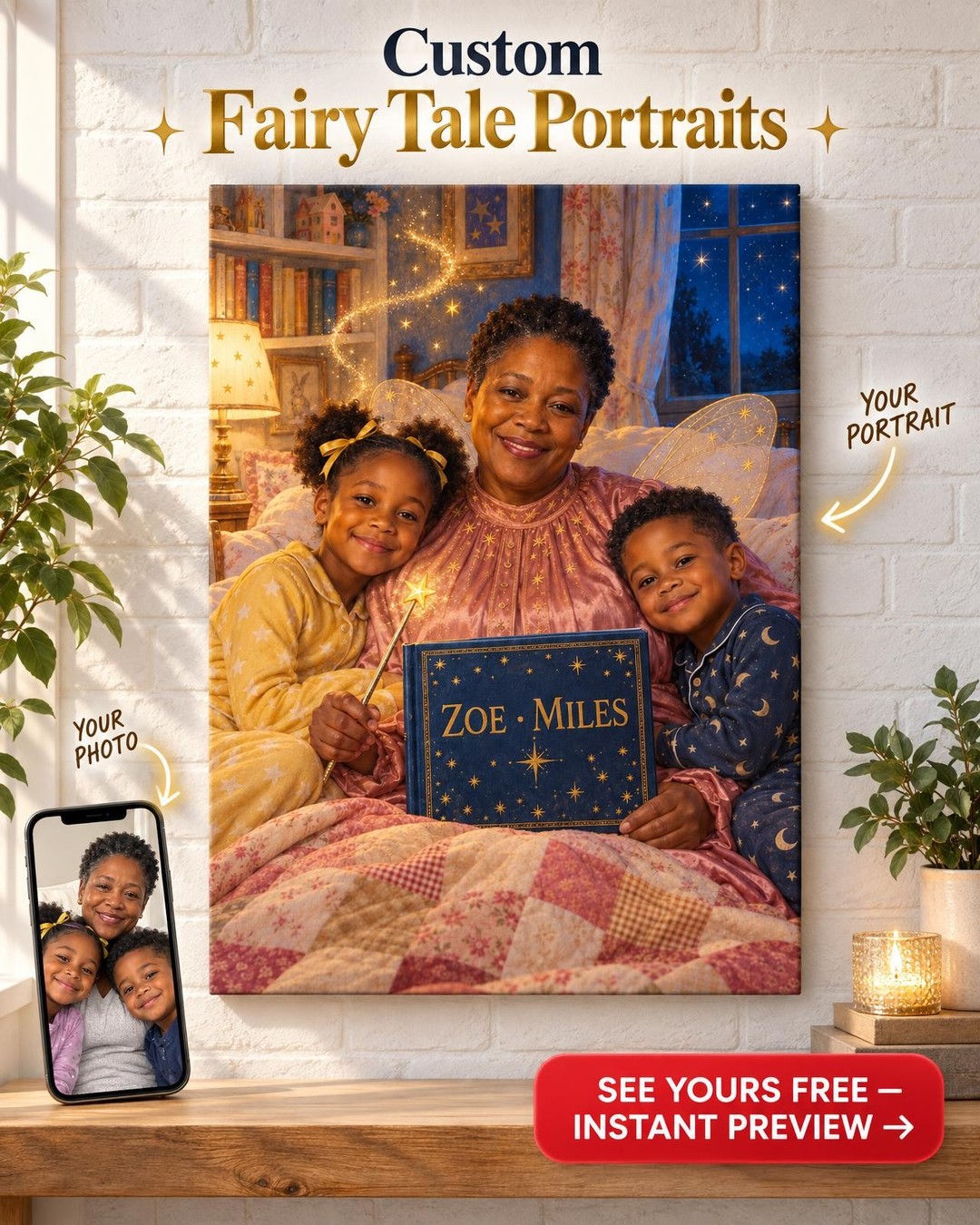 Bedtime Story Custom Portrait from Photo | Personalized Fairy Godmother Gift