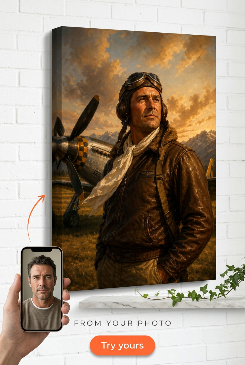 Custom Pilot Portrait Canvas — Heroic Aviator Art from Photo