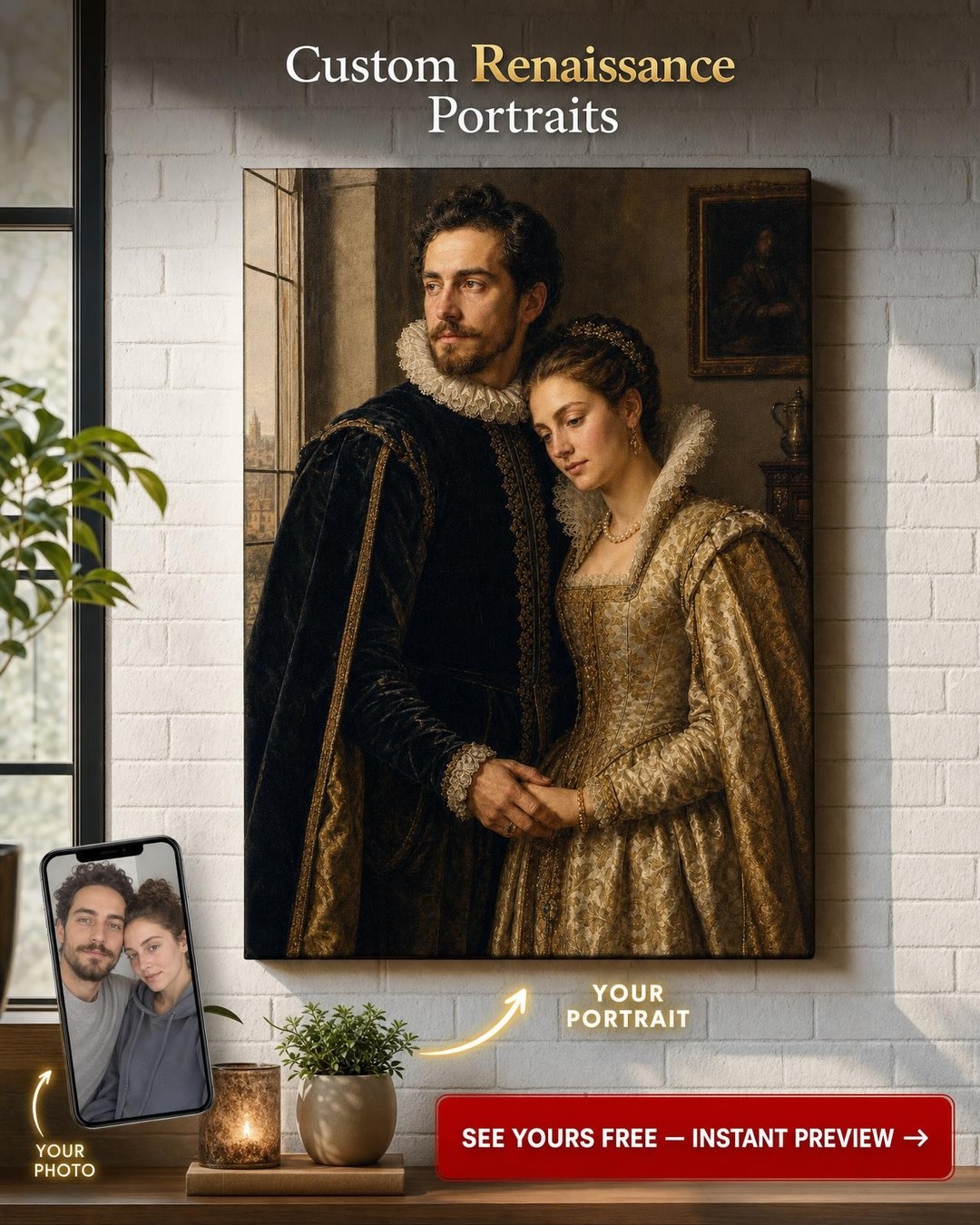Renaissance Noble Couple Custom Portrait from Photo | Personalized Canvas Gift for Couples