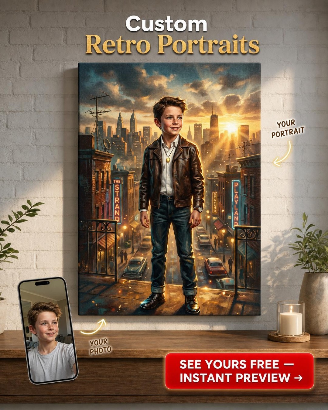 Custom Fantasy Boy Portrait — Whimsical Cityscape Canvas from Photo