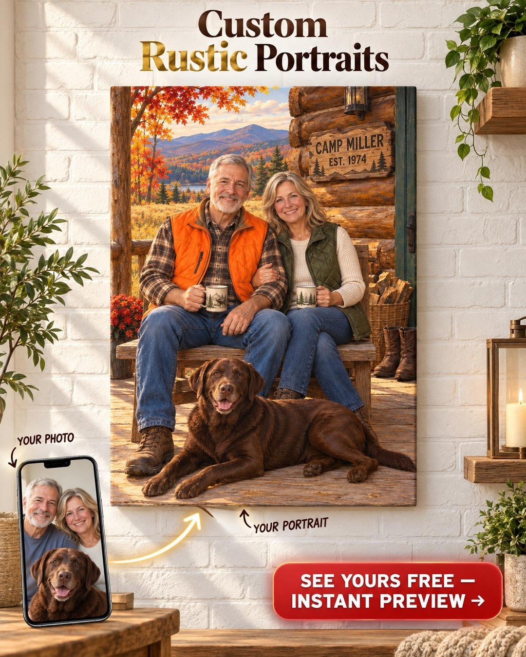 Hunting Camp Couple Custom Portrait from Photo | Personalized Hunting Camp Gift