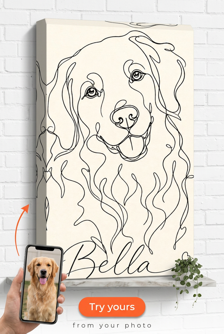 Custom Line Drawing Dog Portrait — Whimsical Pet Canvas from Photo