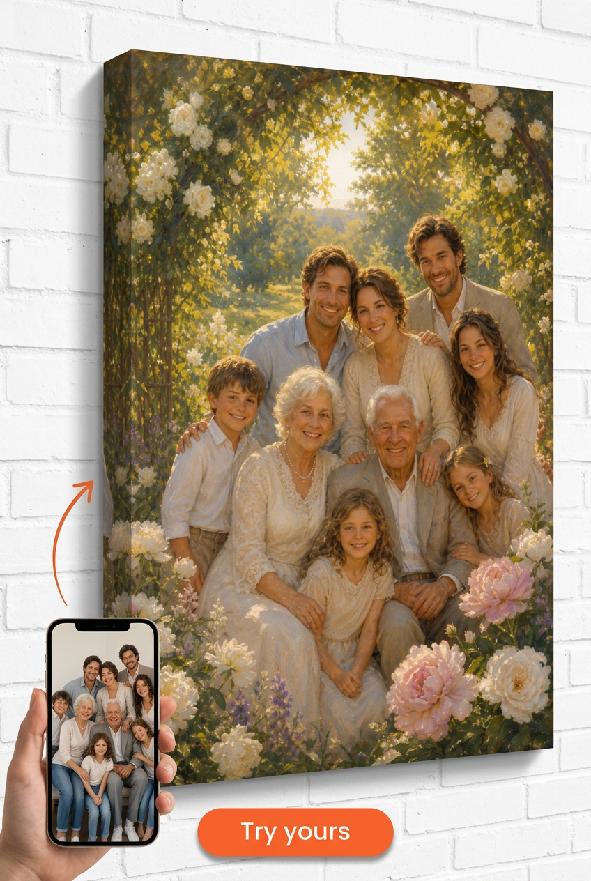 Family Portrait with Deceased Loved One — Romantic Floral Glow Canvas
