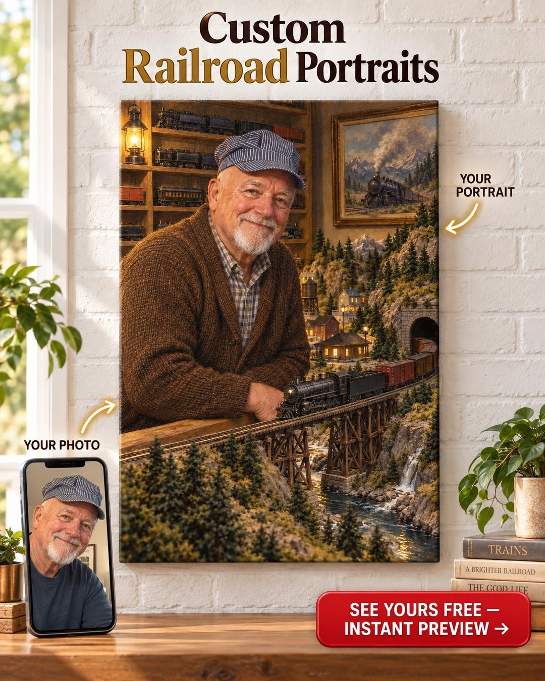 Model Railroad Custom Portrait from Photo | Personalized Railroad Portrait Gift
